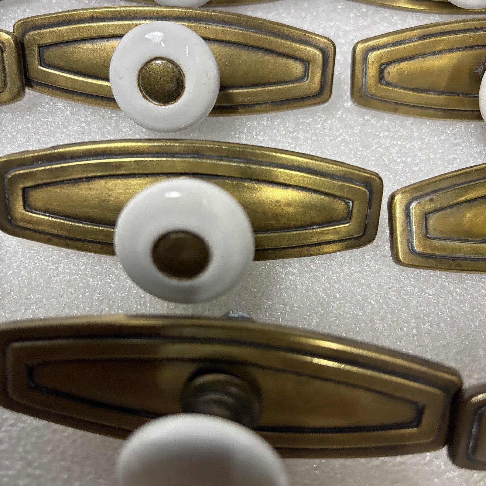 12 Twelve Brass Plate White Ceramic Knob Draw Pulls Center Screws 3.25”