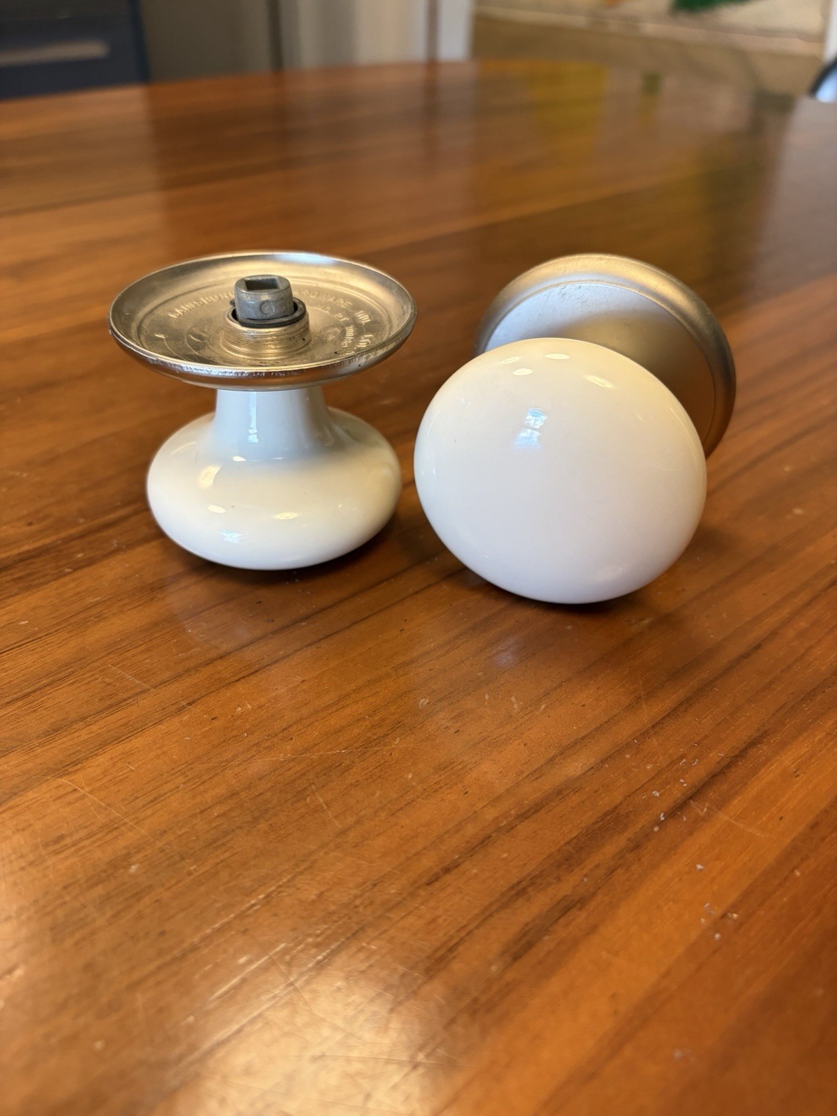 Pair Gainsborough Hardware White Porcelain Doorknobs Brushed Nickel Backplates