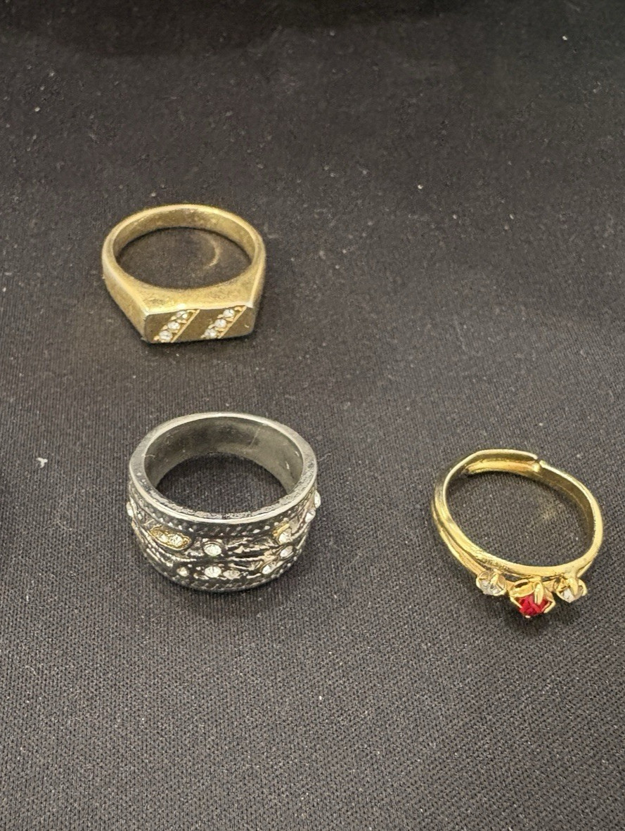Lot 3 Rings Silver Gold Tone Signet Rhinestone Band Red Stone Sz 6-10 #140