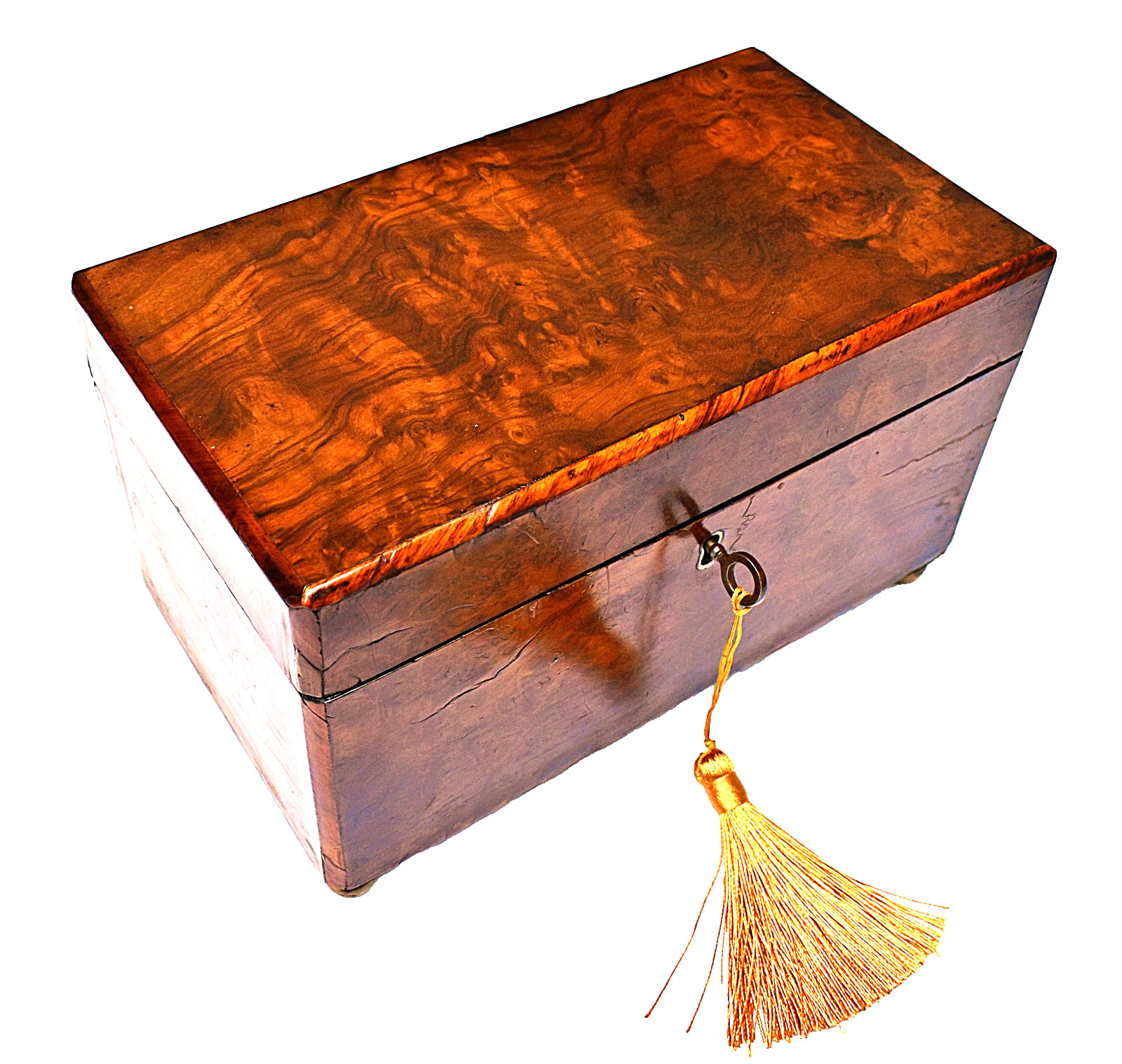 Mid Victorian Burr Walnut Rectangular shaped Tea Caddy with Key, circa 1860