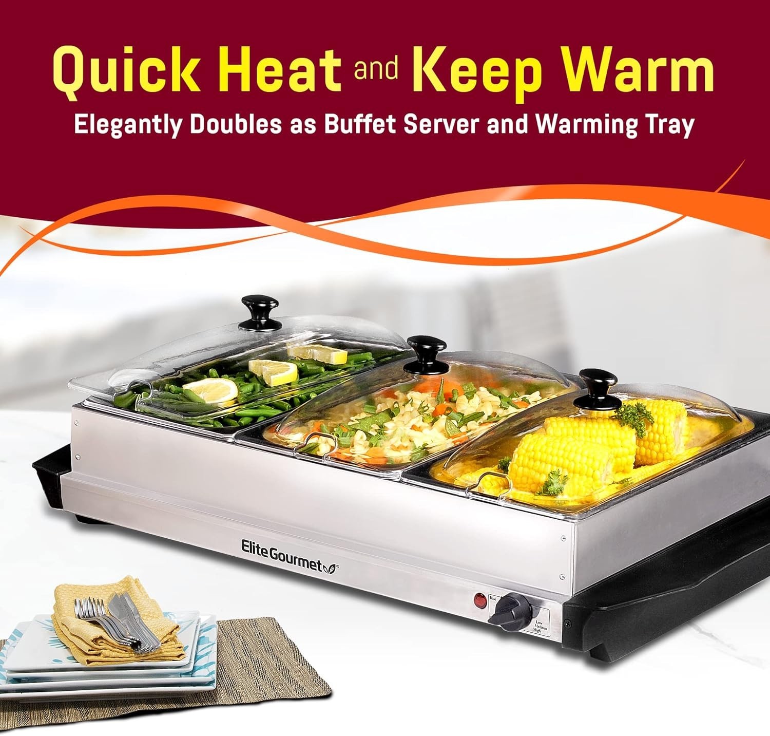 Buffet Server with Clear Lids & Temp Control – 3 Trays, Perfect for Holidays