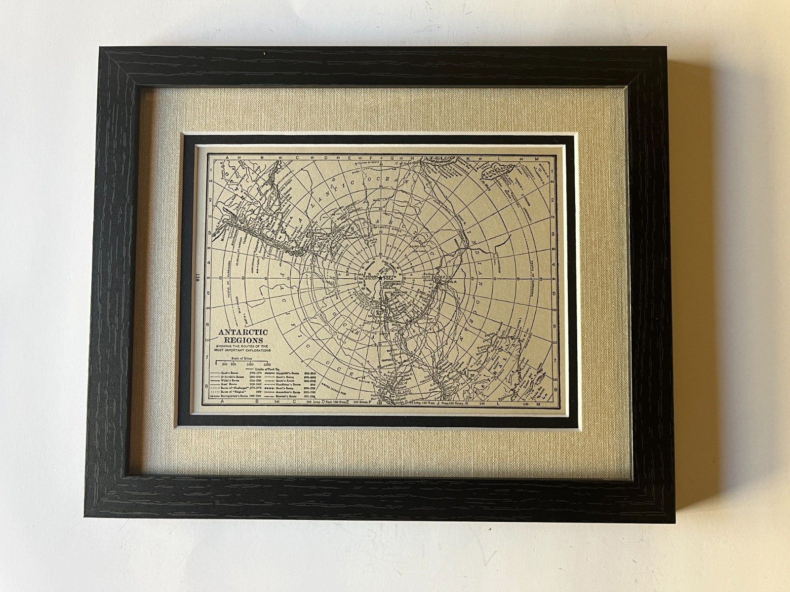 1927 ANTARCTIC Map w/Explorer Routes by C.S. Hammond, Frame/Dbl Mat SEE DESCRIP