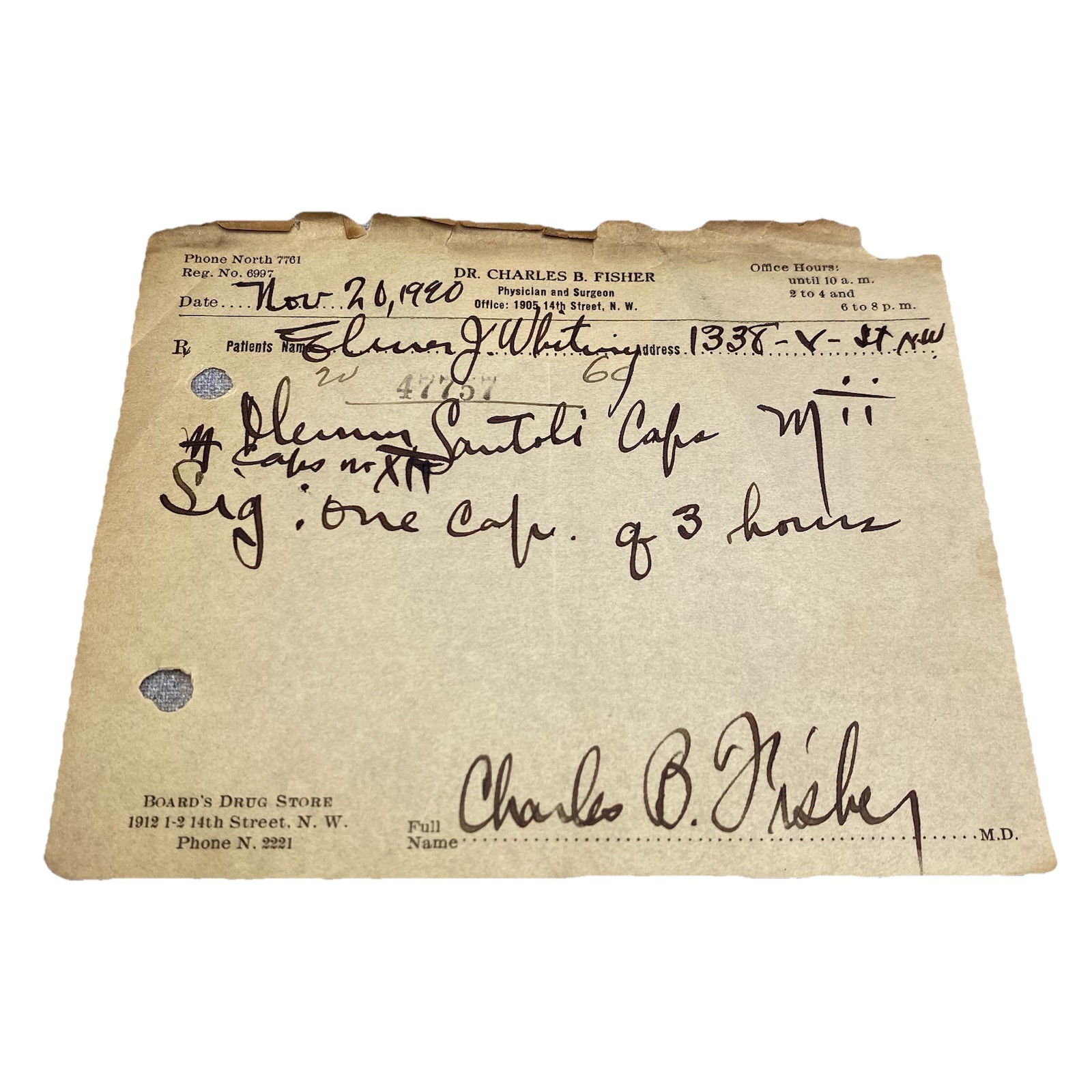 Antique Rx Doctor Prescriptions Druggist Forms Dr Charles B. Fisher 1920 Wash DC