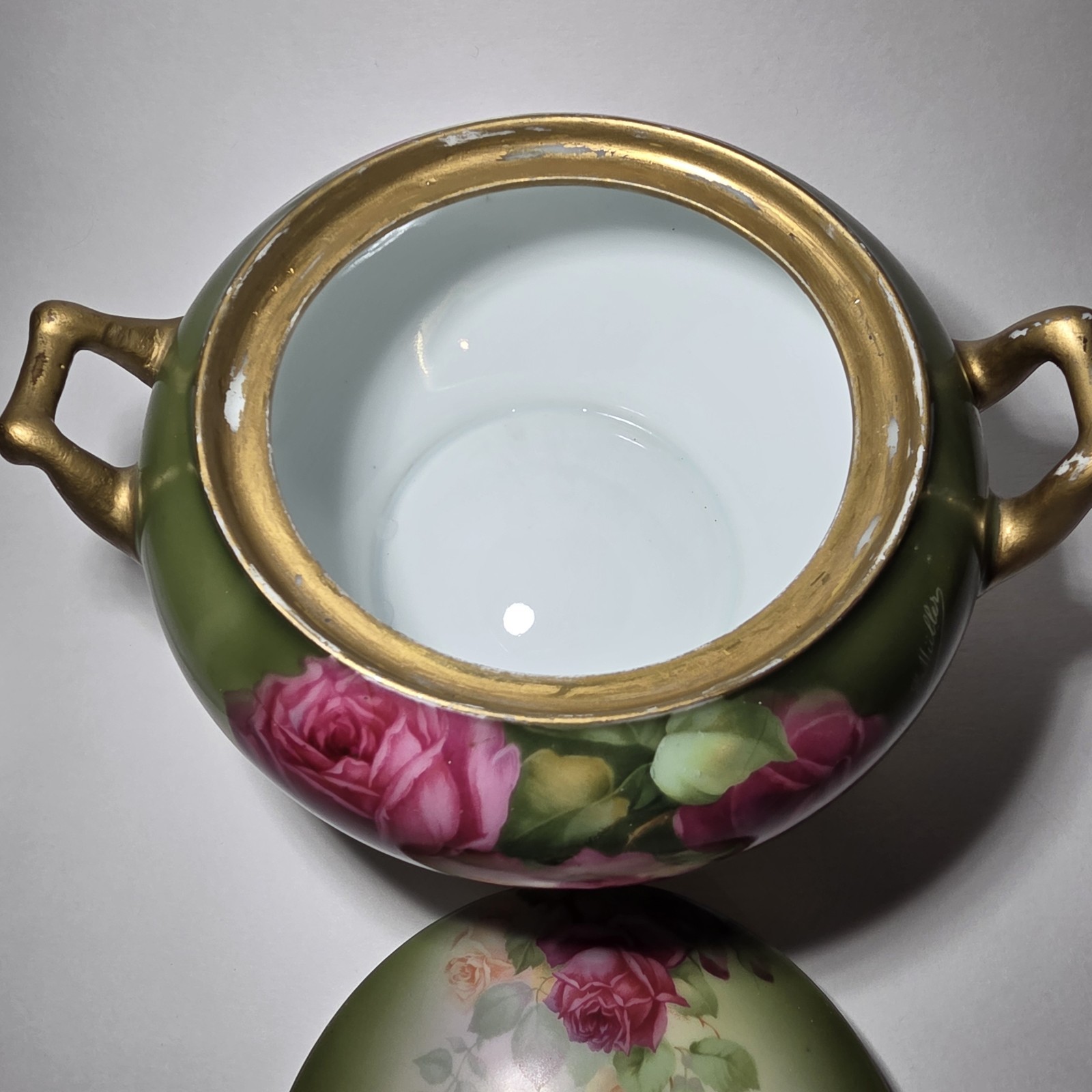 Antique Thomas Bavaria Covered Dish Biscut Jar Signed E. Muller Hand Painted