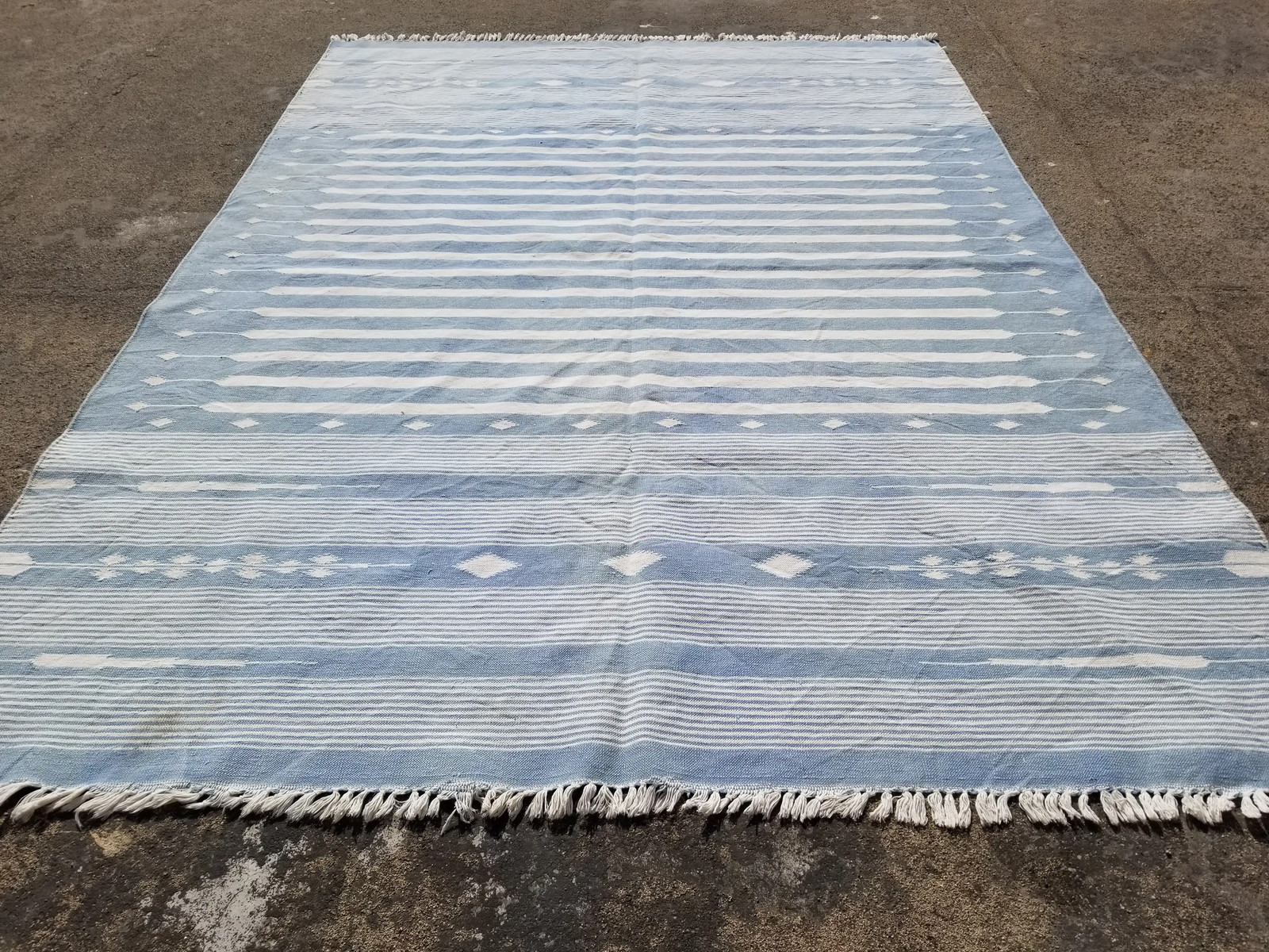 Vintage Traditional Handmade Dhurrie Striped Wool Blue & White Kilim 7.0×5.2 ft