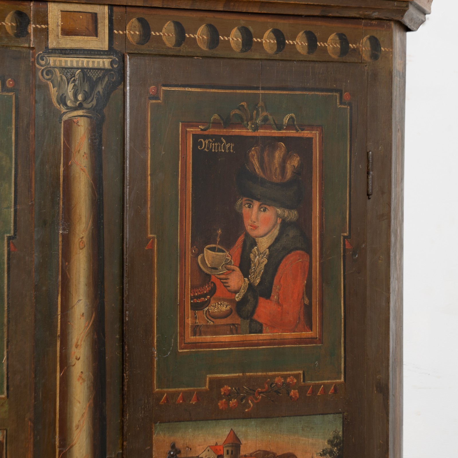 Original Painted German Shrunk Armoire with Four Seasons, Dated 1802