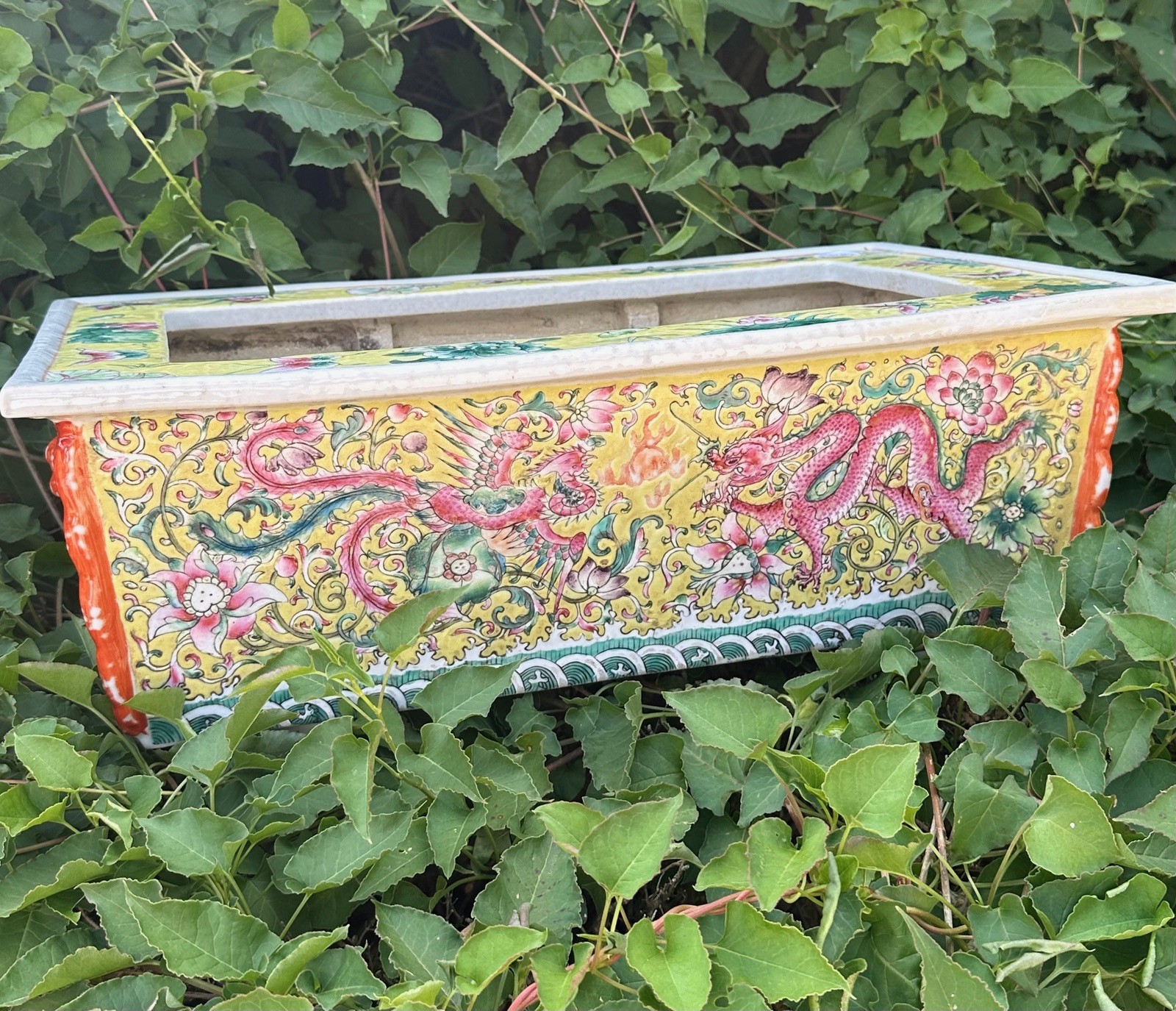 Amazing large 46 cm chinese porcelain planter bowl yellow dragons & birds 19th C