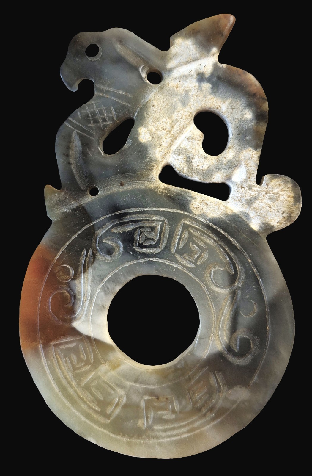Chinese Carved Jade Yubi Bi Dragon Pendant, Amulet
