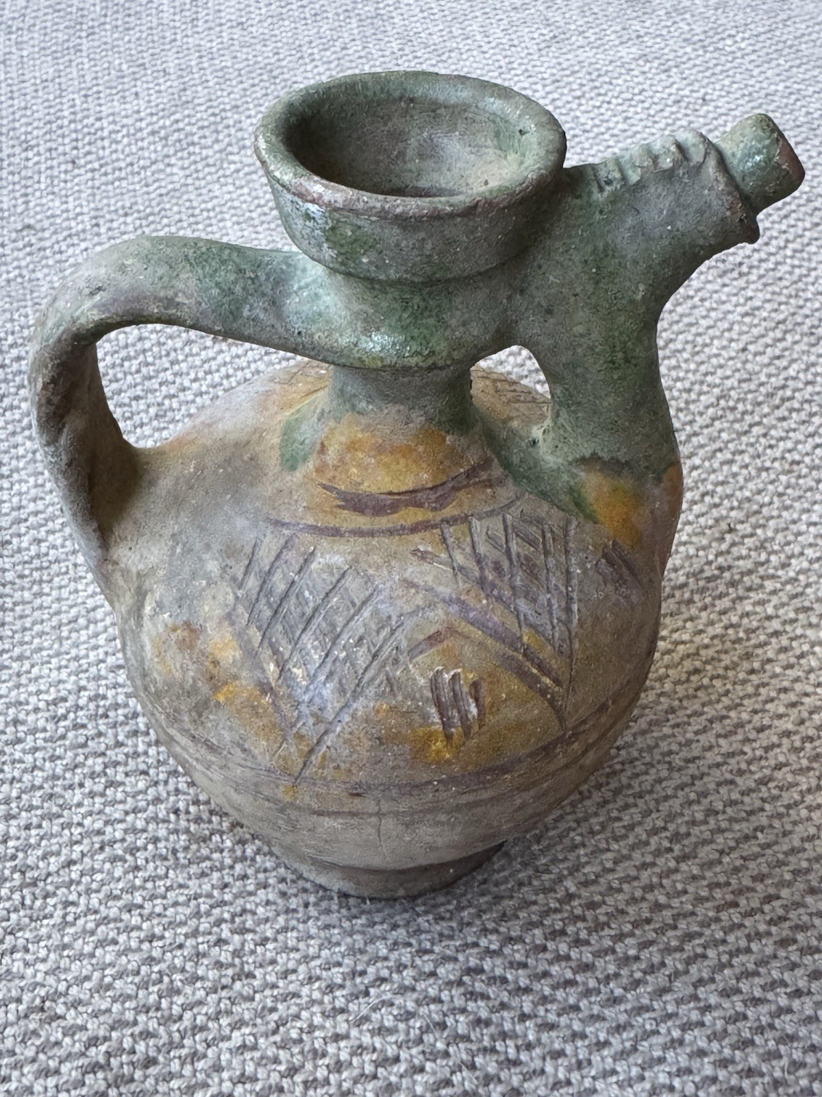 Antique Primitive Glazed Hungarian Terracotta Pottery Wine Olive Two Spout Jug