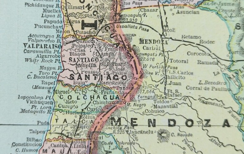 Vintage 1902 ARGENTINA CHILE URUGUAY Map 14″x22″ ~ Old Antique Original SANTIAGO