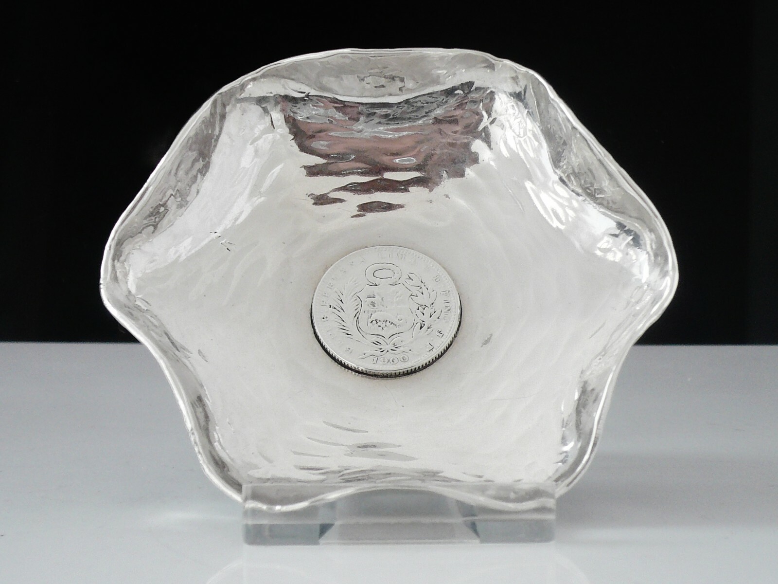 Peruvian Sterling Silver Dish with 1900 Peruvian Silver Coin, J Tavara