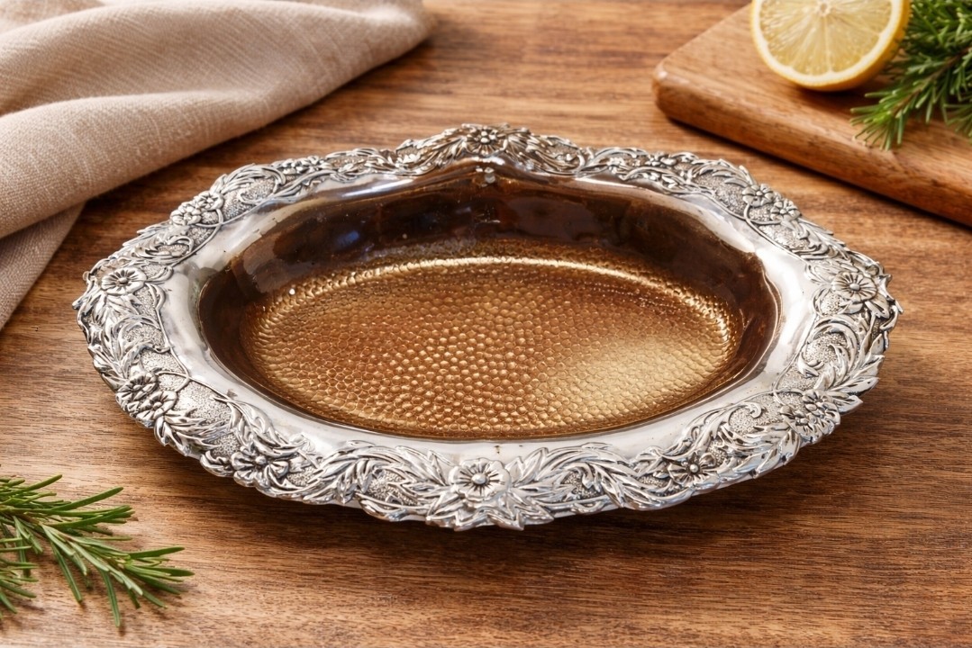 Vintage Silver Rich Brand Plastic Serving Bowl Silver Tone Floral Brown Insert