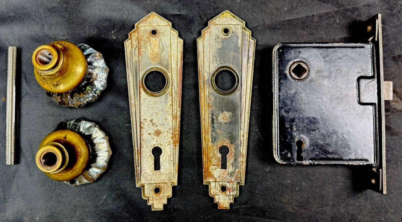Brass Art Deco Doorknob Set With Glass Knobs 1 of 6 Sets 1930s (metal knobs avai