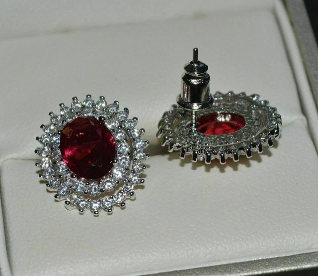 2.30Ct Oval Lab Created Red Garnet Women’s Stud Earrings 14K White Gold Plated