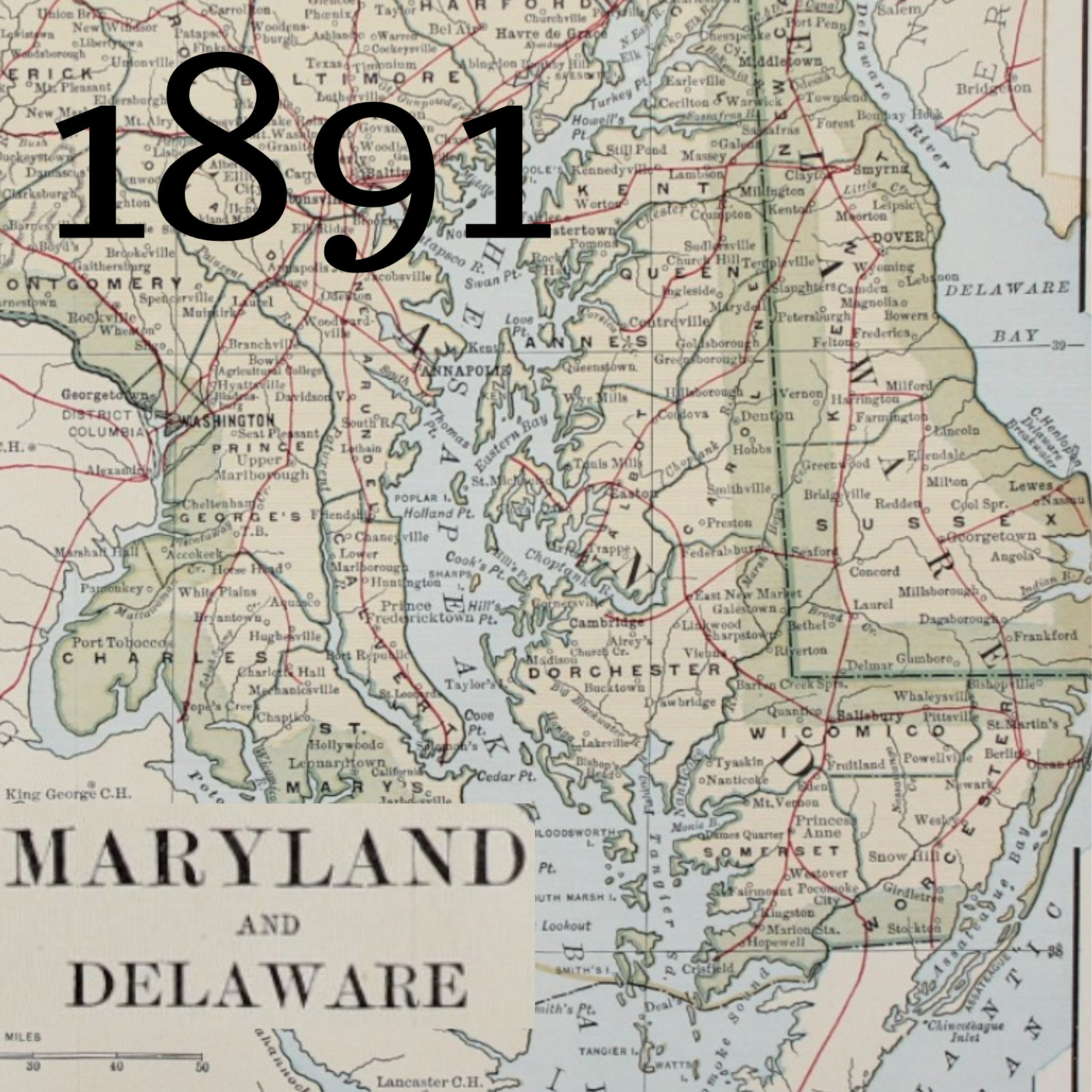 1891 MARYLAND DELAWARE MAP ANTIQUE FULL COLOR RAILROAD MOUNTAIN VICTORIAN ERA