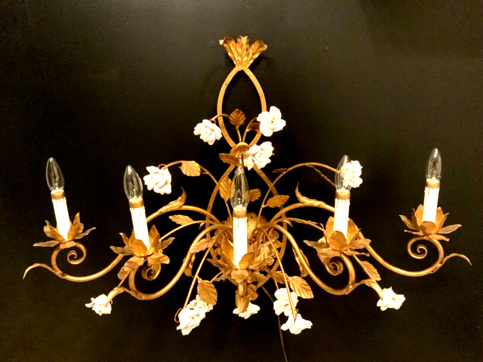 VTG ITALIAN Gold Gilt White PORCELAIN Roses Wall 5 Light SCONCE Stunning Quality