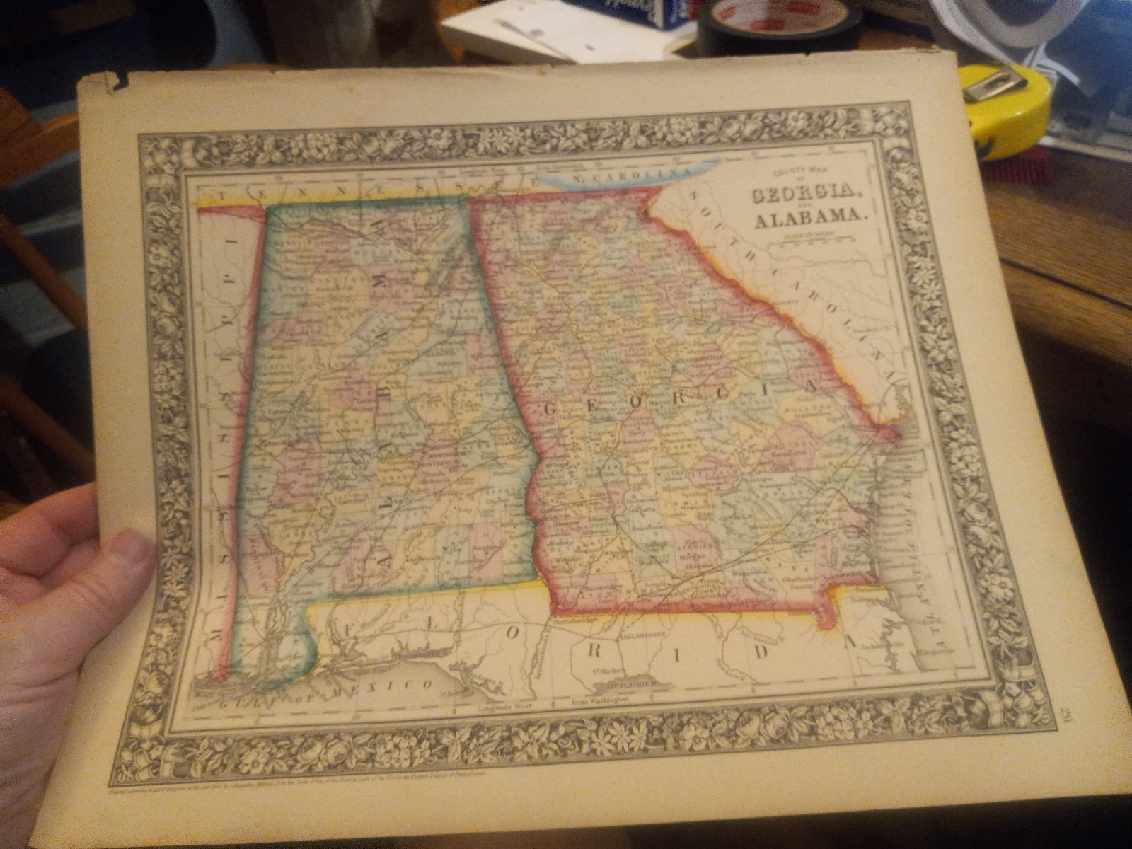 1864 MITCHELL’S GEORGIA & ALABAMA HAND-COLORED! 15.5″ X 12.5″ MAP BY MITCHELL
