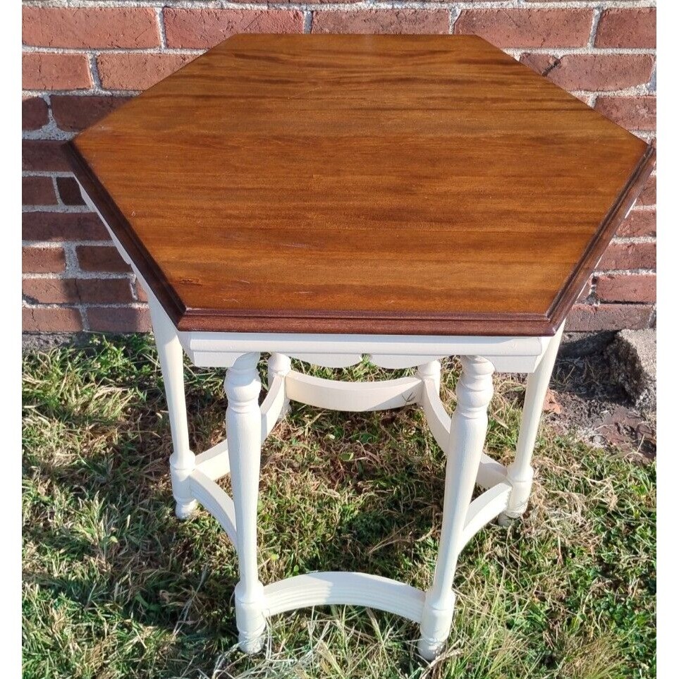 Antique Solid Wood/White Hexagon Parlor Table Ornate Architectural 28×25″ 30″ T