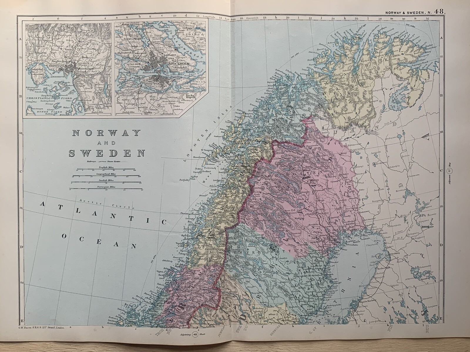 1891 Northern Norway & Sweden Hand Coloured Original Antique Map by G.W. Bacon