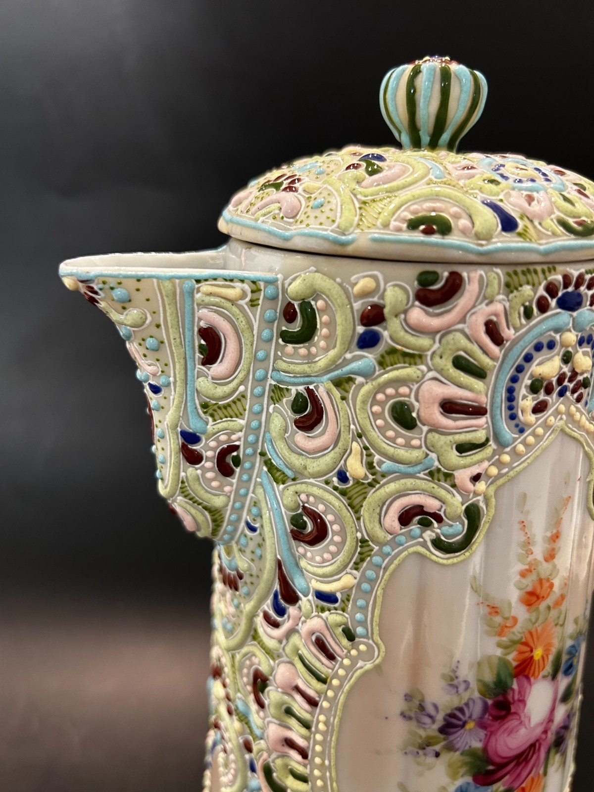 RARE Antique Nippon Jeweled Moriage Chocolate Pot FLUTED RIBBED Hand Painted 10″