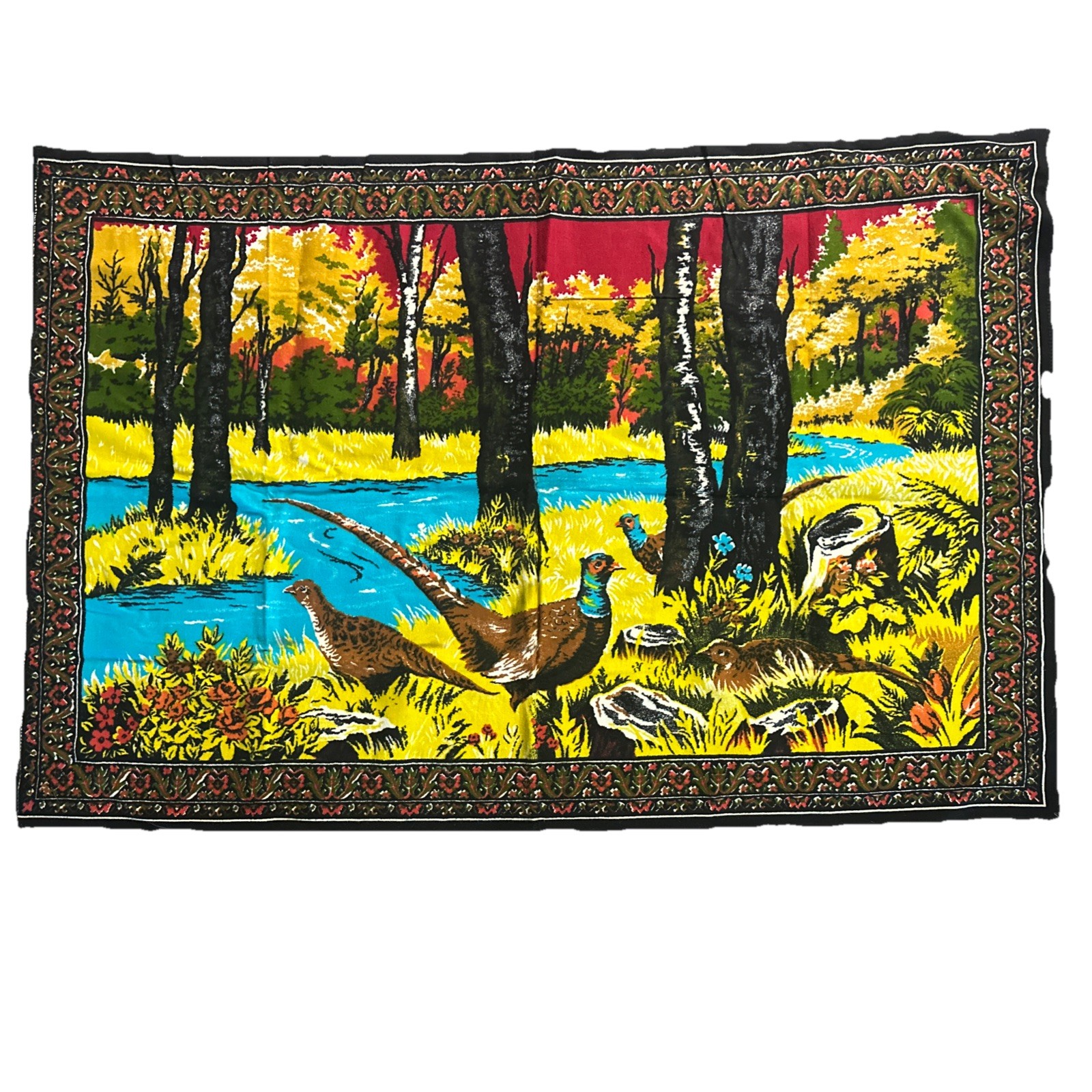 Vintage Velvet Wall Hanging Pheasant Bird Tapestry 37″x56” Camp Lodge Decor