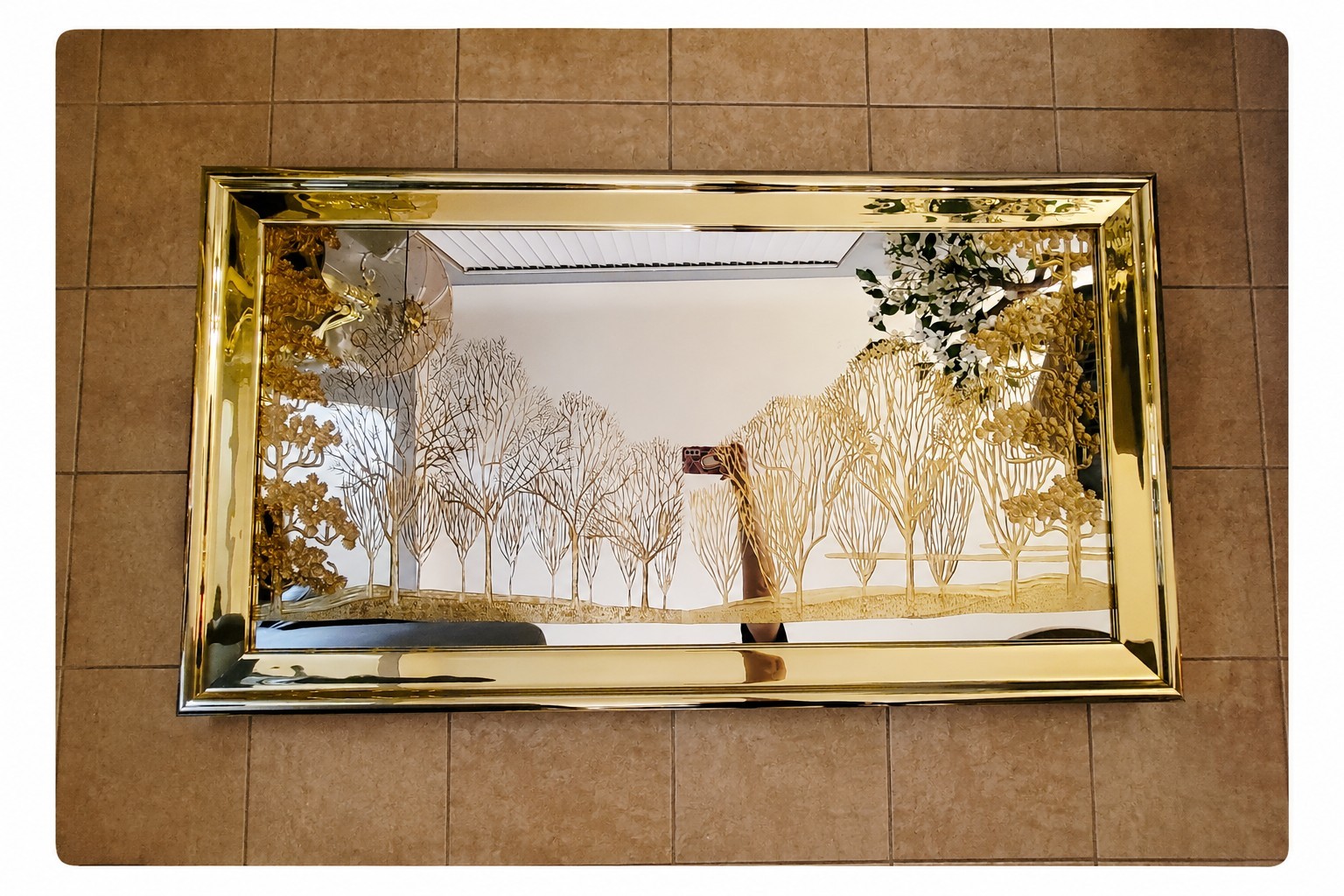 Vintage MCM Hollywood Regency Gold Wall Mirror Etched Trees Sebet Silverman