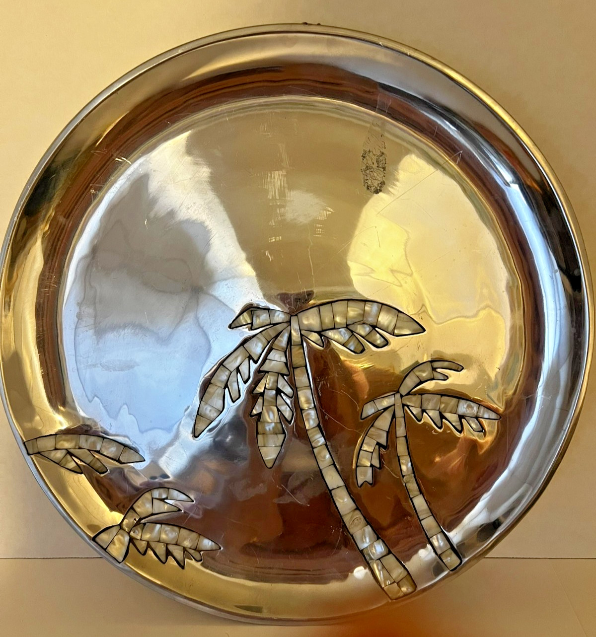 Towel Silversmiths Platter with Abalone Mother of Pearl Palm Tree Inlay 16″