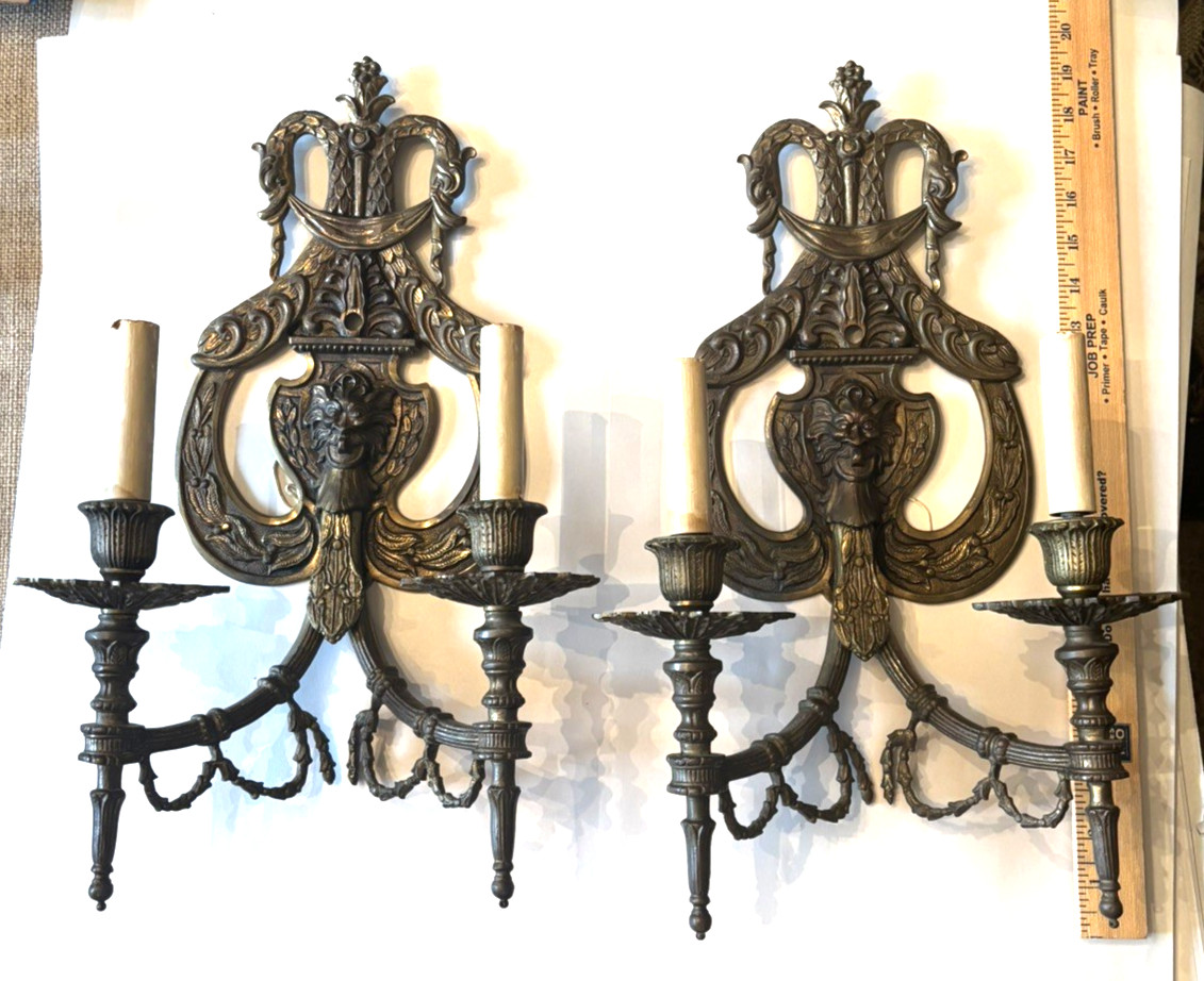 ANTIQUE FRENCH Louis XVI Style STUNNING gilt Bronze Wall Sconces 19″ Height