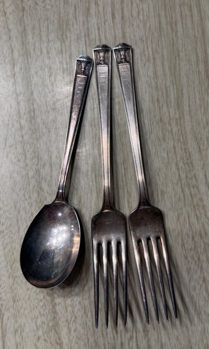 HOLMES & EDWARDS Silver plate 1923 CENTURY 2 Forks & Sugar Spoon Art Deco Urn