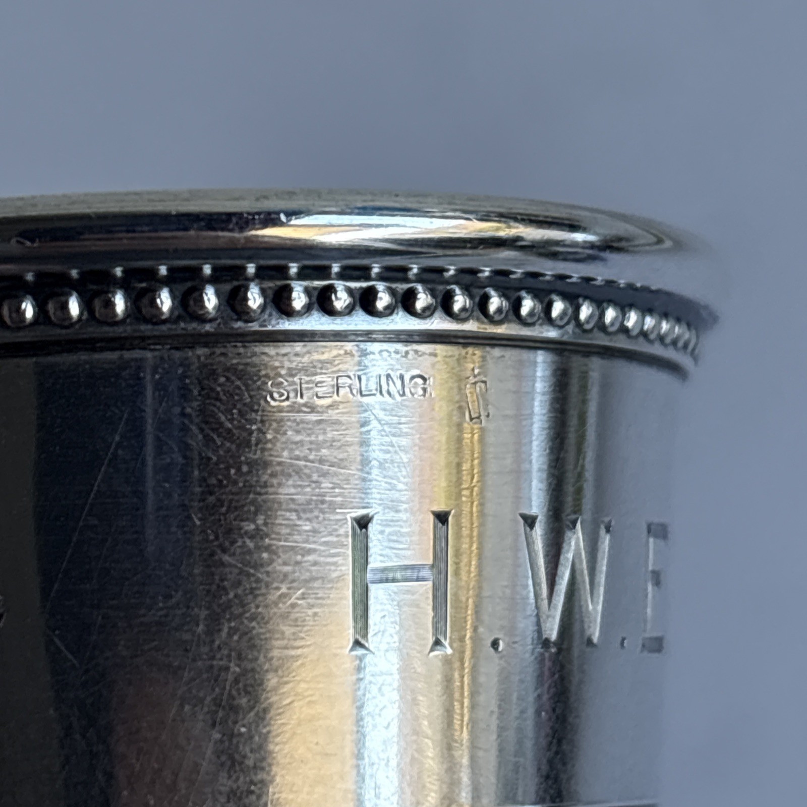 Thomae & Co. Sterling Silver “Only A Thimble Full” Shot Glass Jigger. “H.W.E”