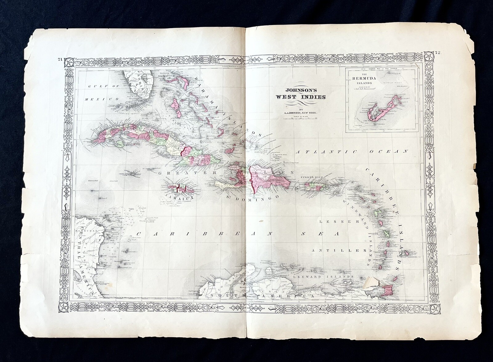 Large 1863 AJ JOHNSON Hand-Colored map of WEST INDIES Puerto Rico CUBA Bahamas