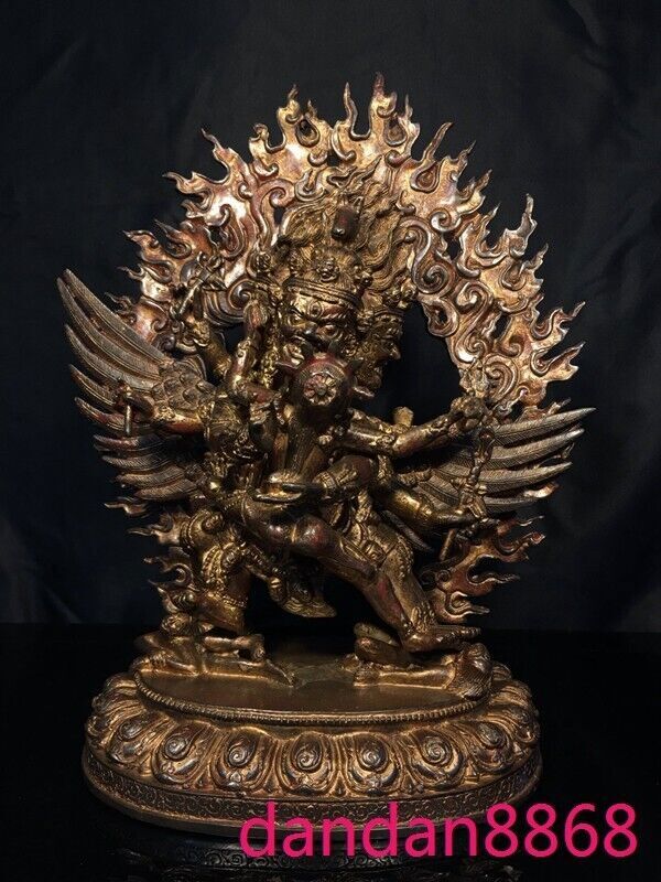 12″ Tibet bronze gilt 3 heads 6 arms Mahakala Wrathful Deity Buddha Statue
