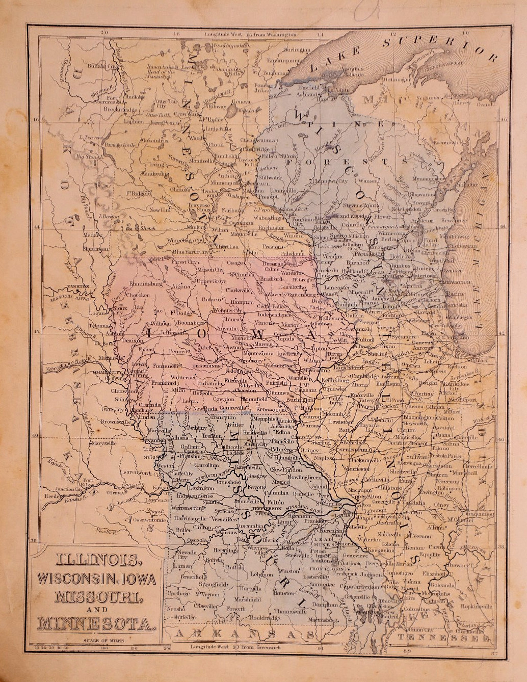 Antique 1868 Map ~ Illinois, Wisconsin, Iowa, Missouri & Minnesota (9×12)
