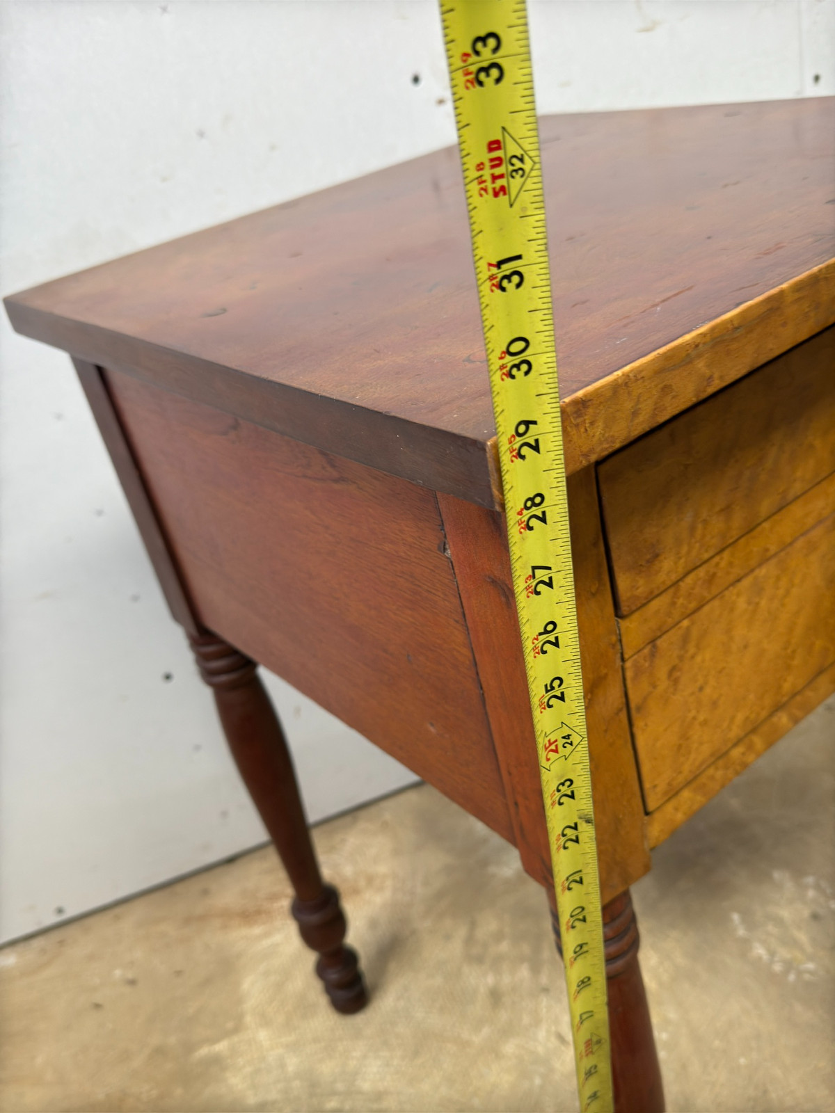 antique Birdseye maple & cherry red wash 2 drawer table stand Country Farm