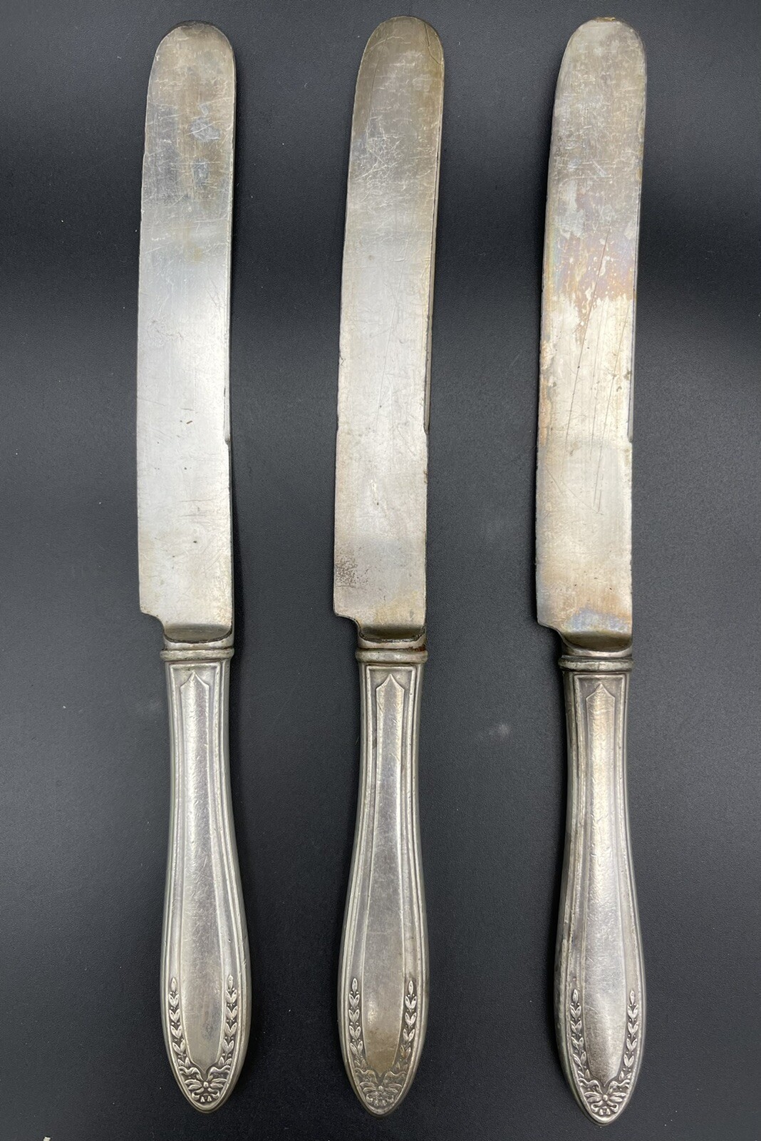 1915 Oneida Community Par Plate Bridal Wreath Pattern Dinner Knives 9 1/4″ Set 3