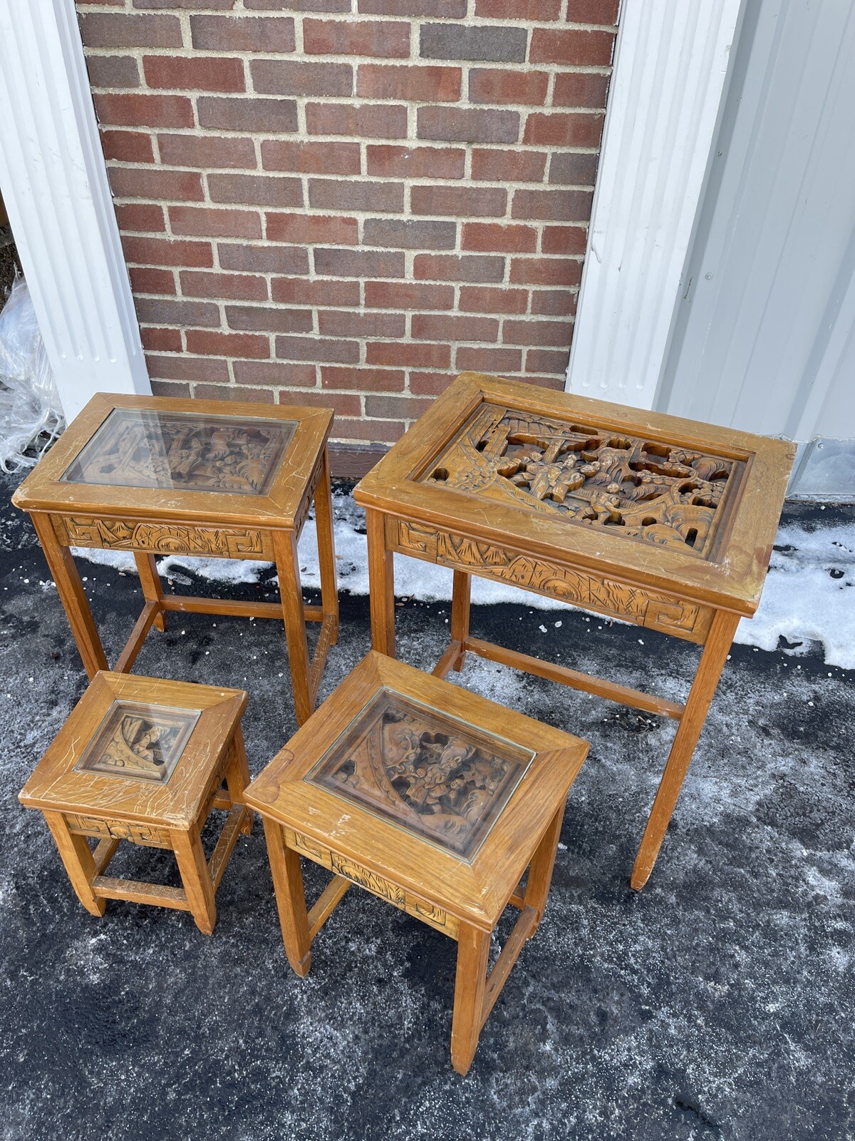 Vintage Asian Oriental Nesting Wood Carved Side End Tables, Glass Top 4 Pc