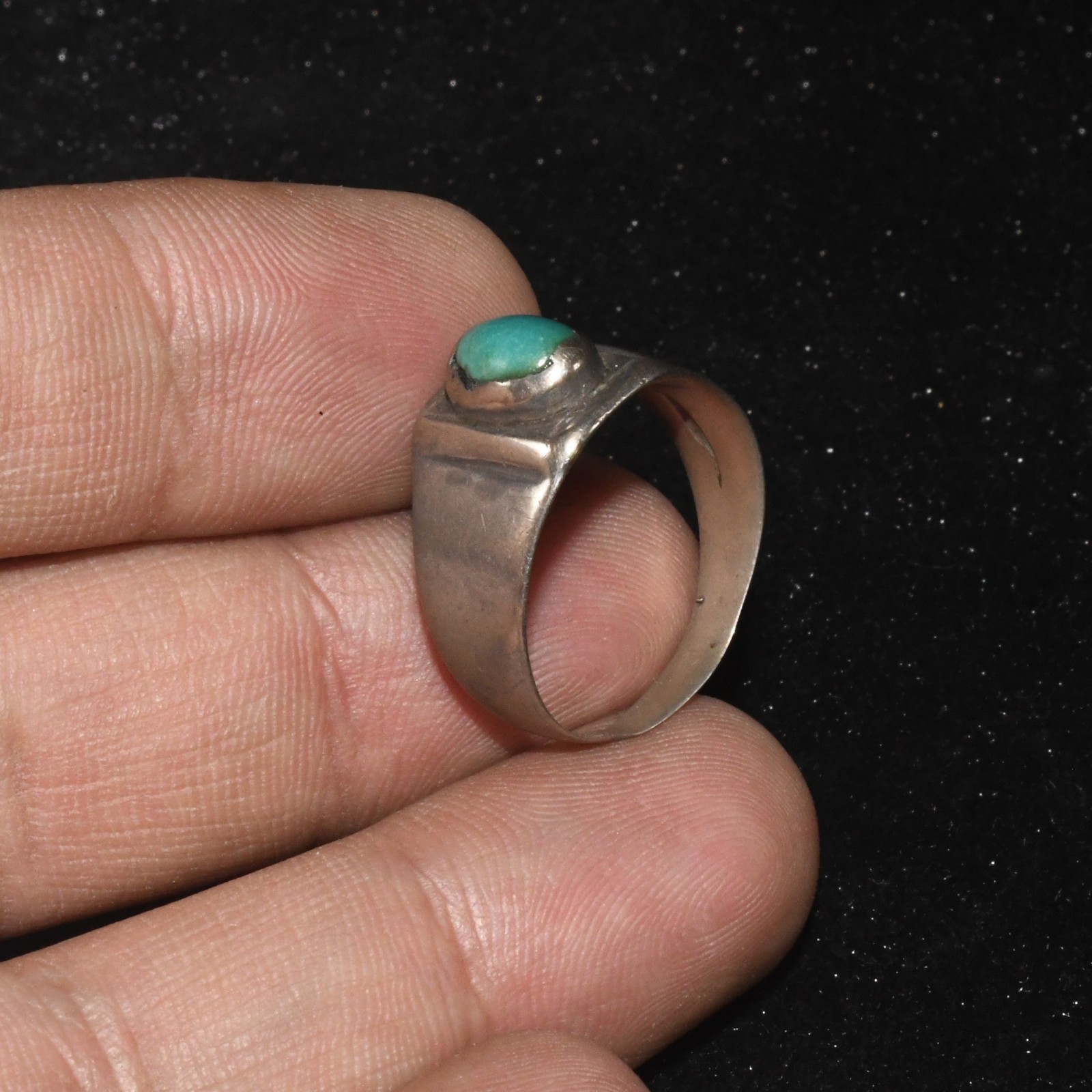 Antique Old Near Eastern Solid Silver Ring with Natural Turquoise Stone Bezel