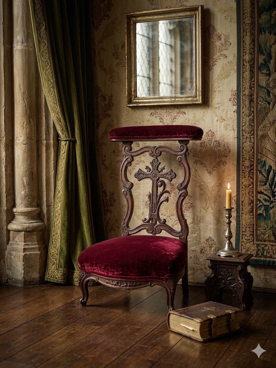 Victorian Antique Prie Dieu Chair Ornate Wood Burgundy Velvet Upholstery