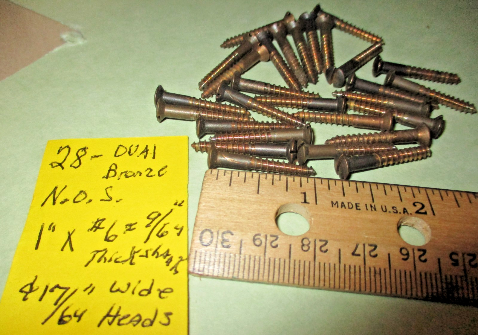 28–VINTAGE SOLID BRONZE WOOD SCREWS OVAL SLOT HEADS, 1″ LONG X #6=9/64″—NOS