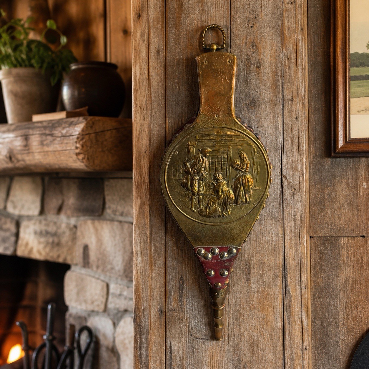 Vintage Fireplace Bellow Brass Red Leather Wall Decor Old World