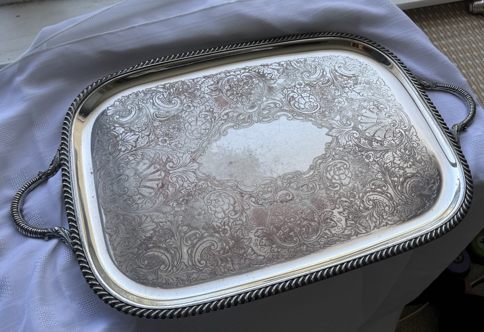VTG Victorian Silver Plated Large Tray 27.5” w Handles Sheffield Silver Co EPC
