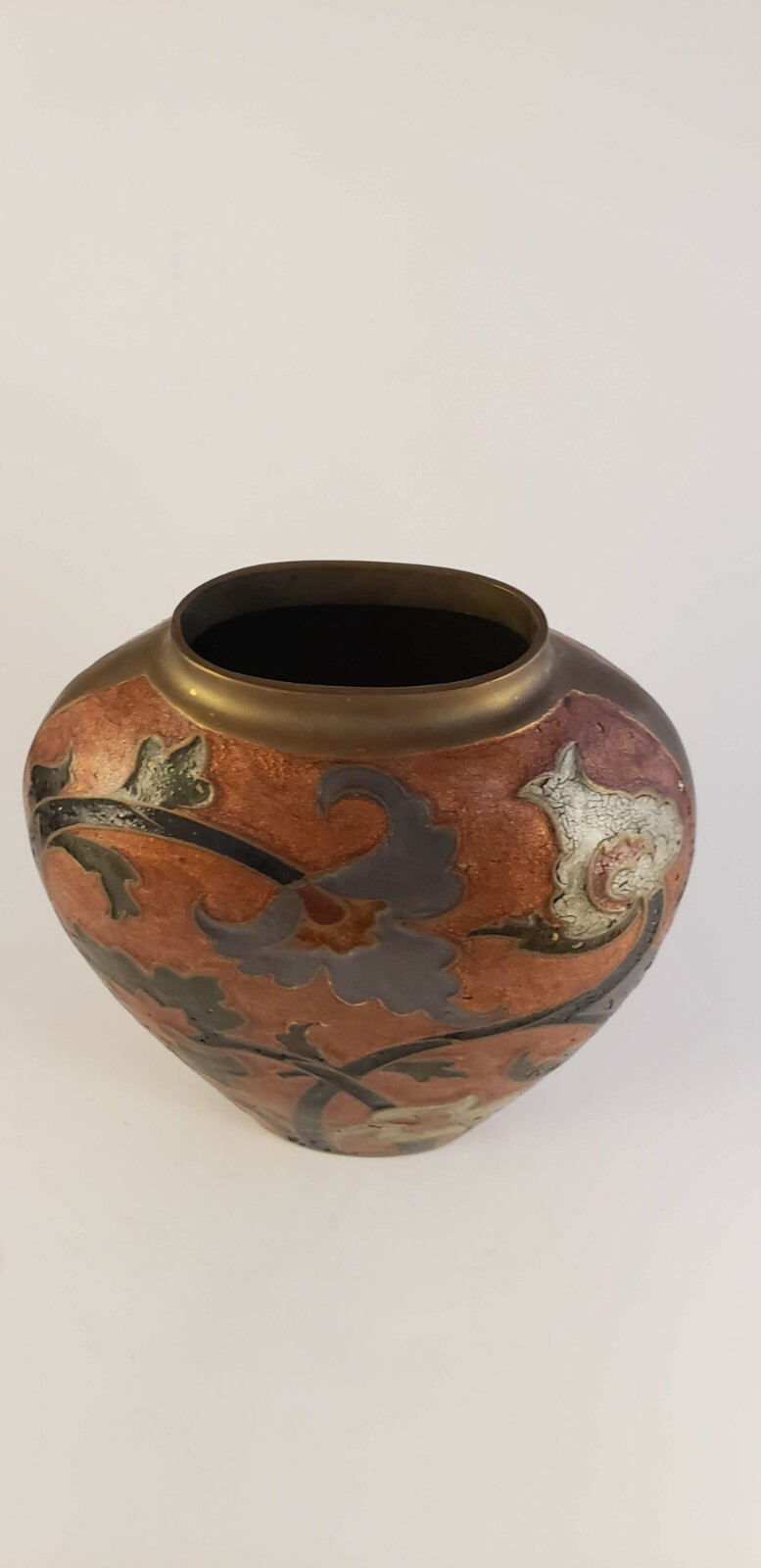 Vintage Solid Heavy Brass Vase with handpainted flower design