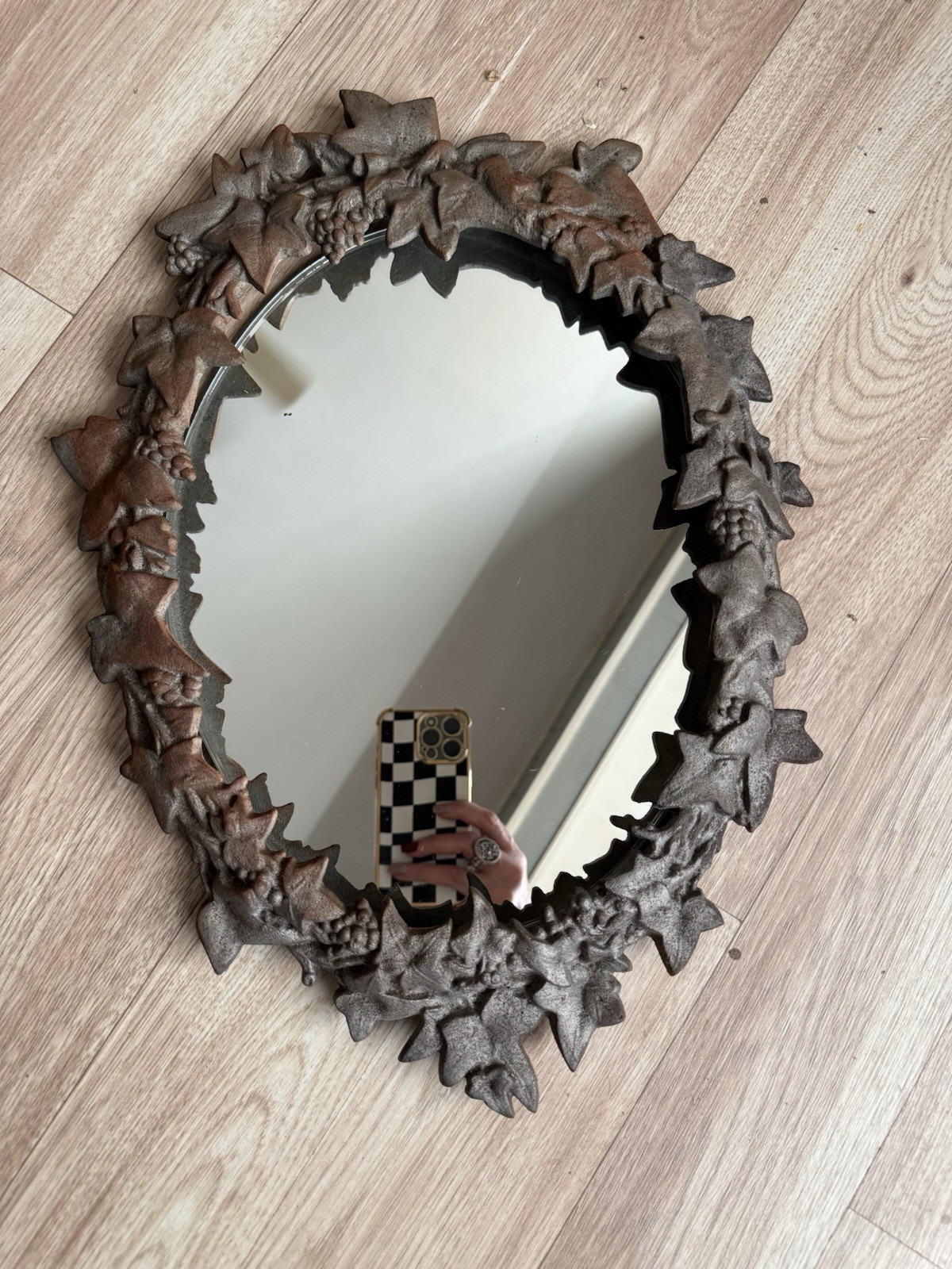 Antique Victorian Style Cast Iron Metal Mirror Hanging Ornate Grape Leaf