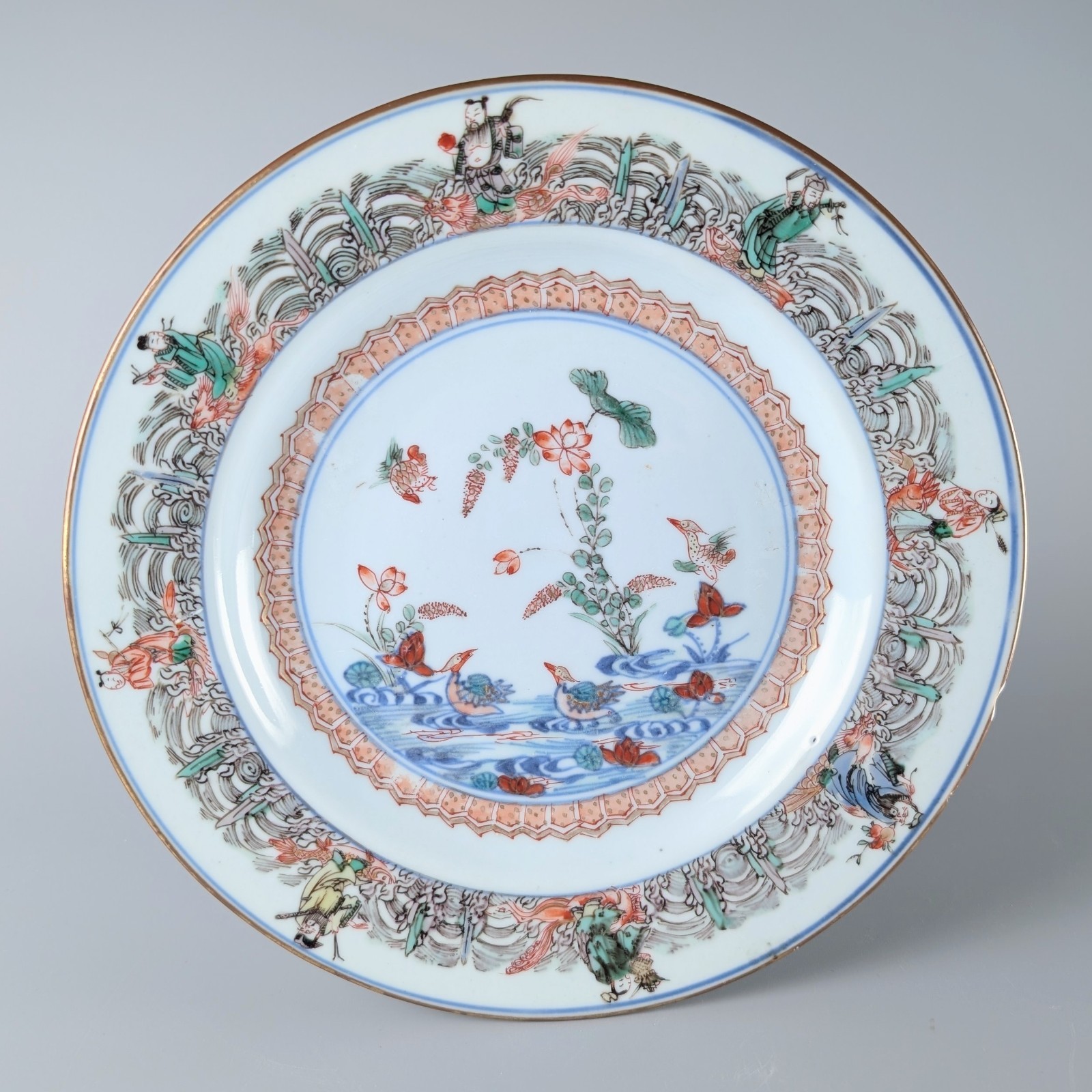 Antique Chinese Kangxi Porcelain 17/18th c Famille Verte Doucai Plate D22cm Qing
