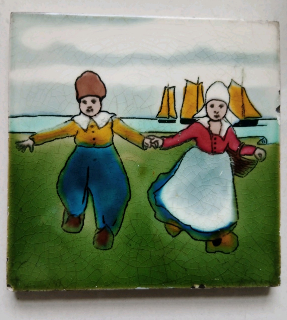Vintage Dutch Scene Ceramic Tile In The Style Of Henry Richards Boats England
