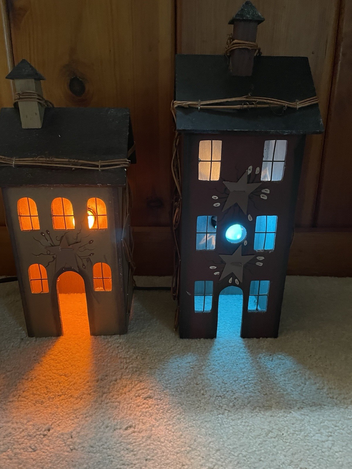 Pair Of Folk Art Primitive Lighted Salt Box Houses Nightlights Hand Crafted