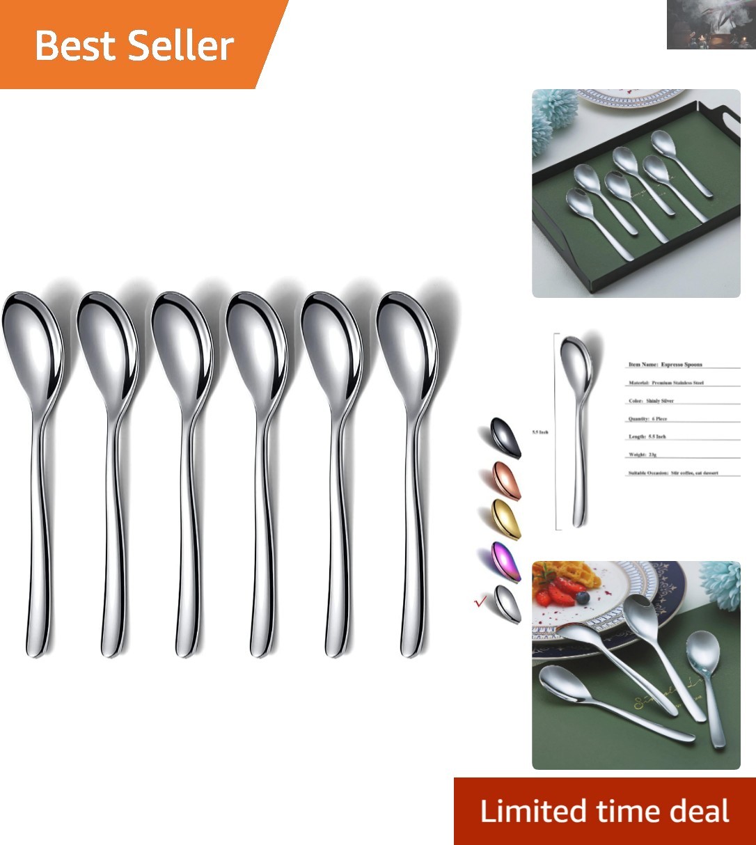 Modern 5.5” Stainless Steel Espresso Spoons – Set of 6, Eco-Friendly & Durable