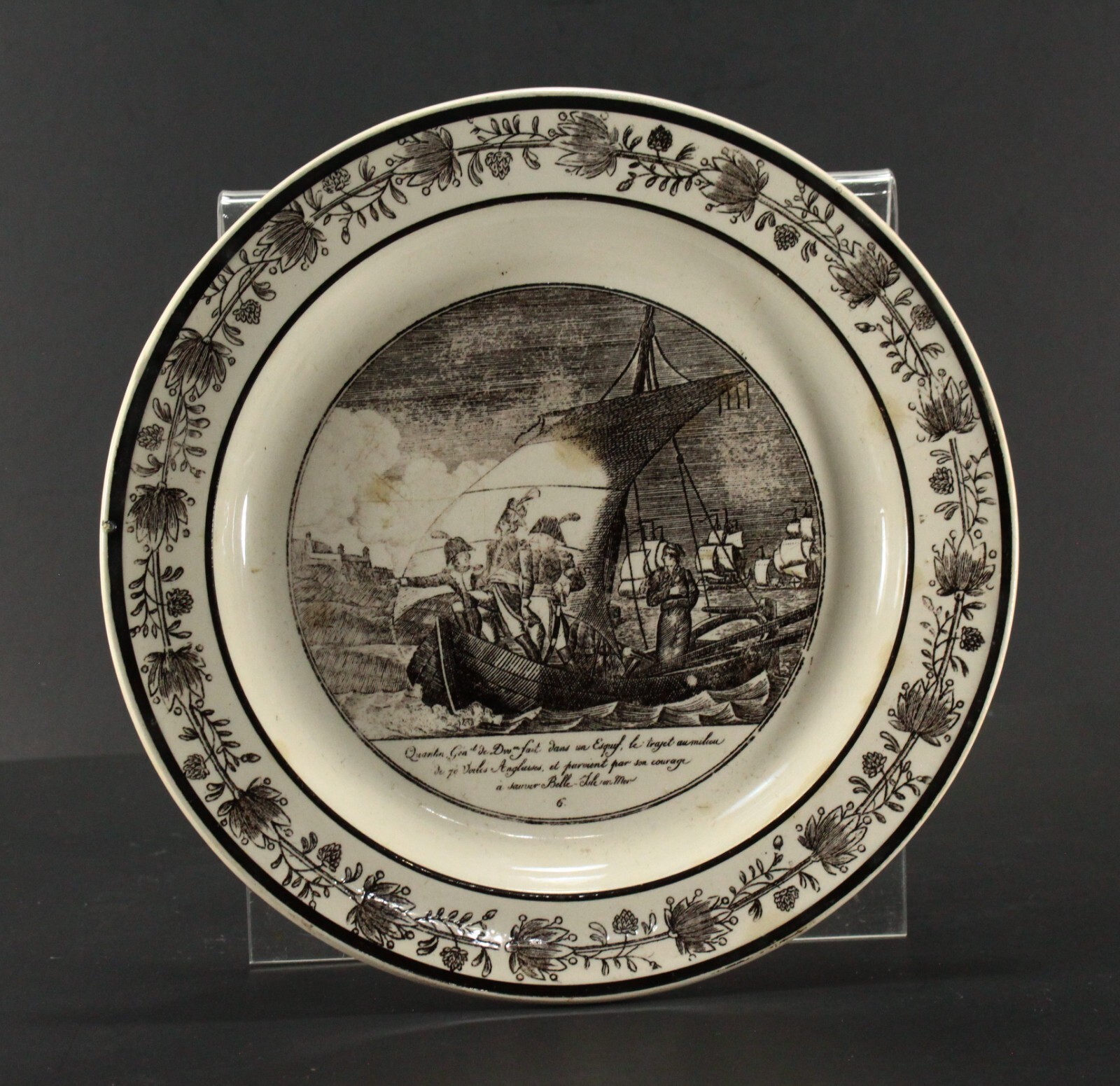 = 1820’s French P&H Choisy Faience Black Transfer Plate Napoleonic Wars Naval