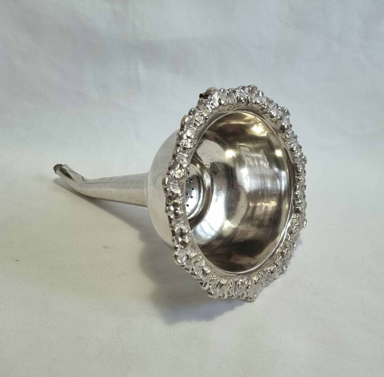 Early 19th Century silver plated two piece wine funnel with integral strainer.