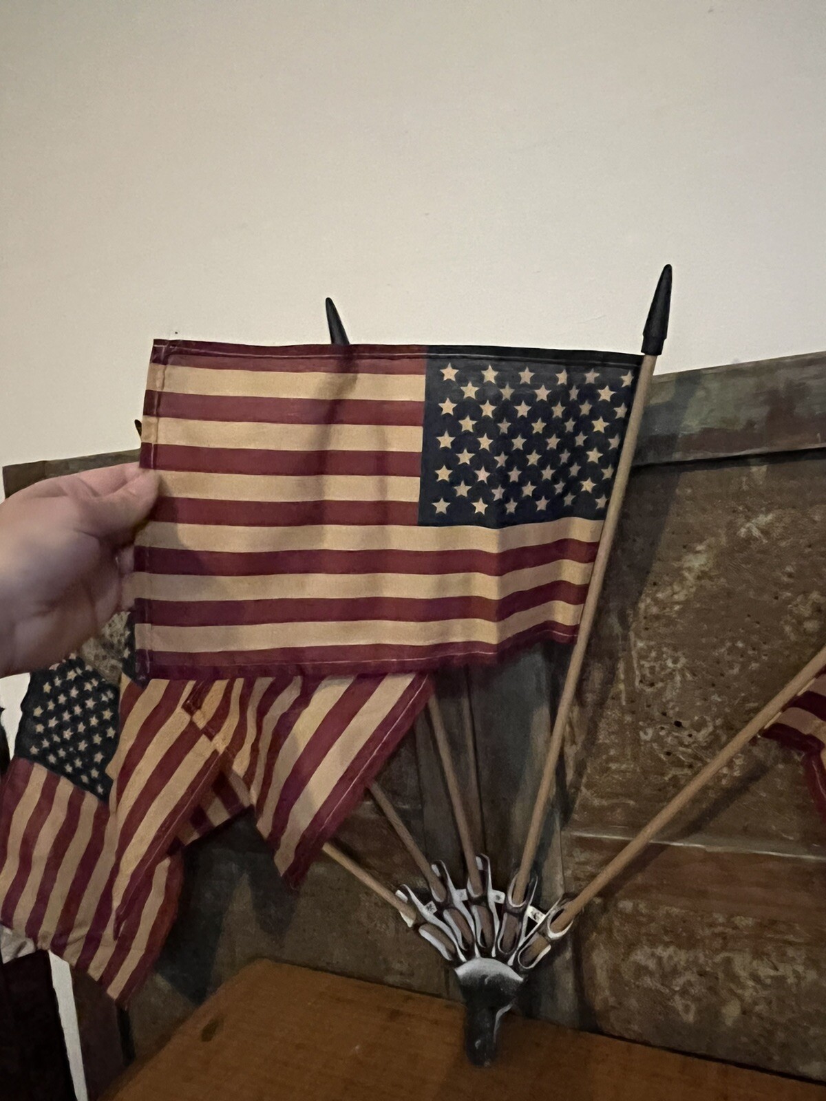 Primitive Americana Wall Mount w 5 Grubby Tea Stained Flags Patriotic USA 36″ w